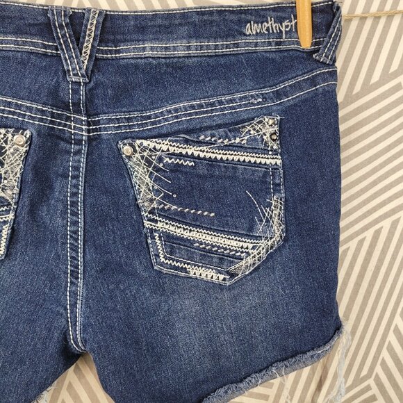 Amethyst Denim Jean Shorts Size 10 11 34" Waist Medium wash Embroidered Pockets - Picture 5 of 6